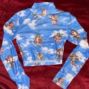 Sheer-mesh long sleeve turtleneck printed shirt